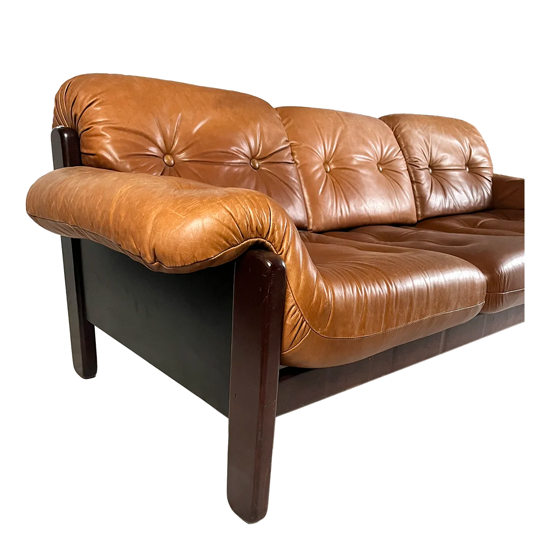 1970 Norwegian : 3-seat cognac leather sofa for Lied Møbler