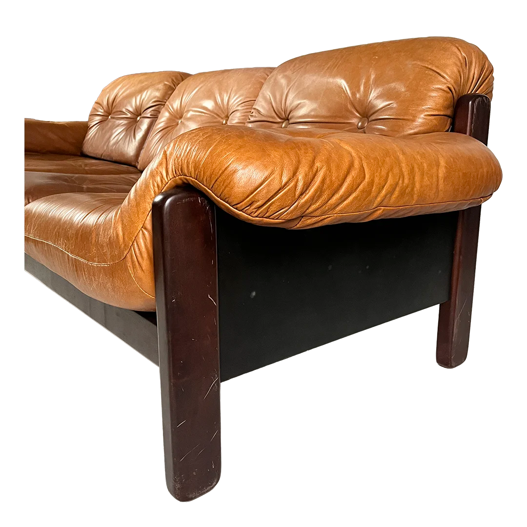 1970 Norwegian : 3-seat cognac leather sofa for Lied Møbler