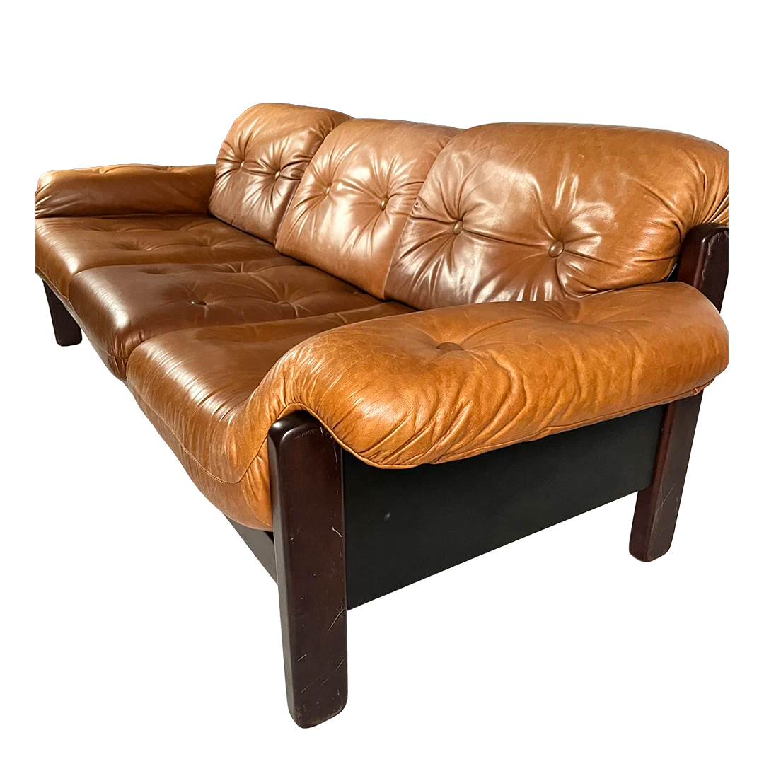 1970 Norwegian : 3-seat cognac leather sofa for Lied Møbler