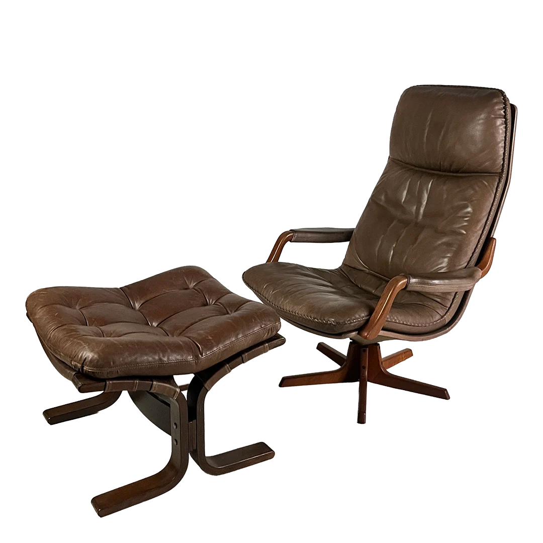 1970s Berg : fully adjustable leather armchair with ottoman, Norway