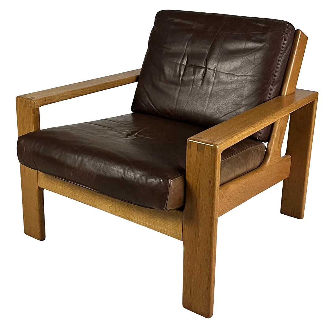 1970s Asko Pajamies : leather & oakwood "Bonanza" lounge chair, Finland