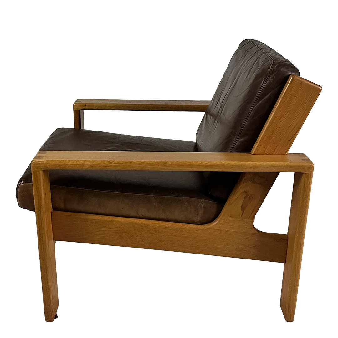 1970s Asko Pajamies : leather & oakwood "Bonanza" lounge chair, Finland