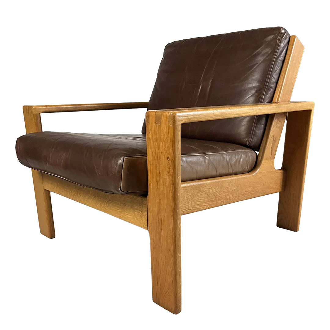 1970s Asko Pajamies : leather & oakwood "Bonanza" lounge chair, Finland