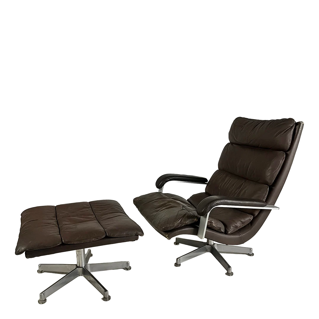 1970 Hans Kaufeld : ergonomic leather & aluminum swivel chair + ottoman