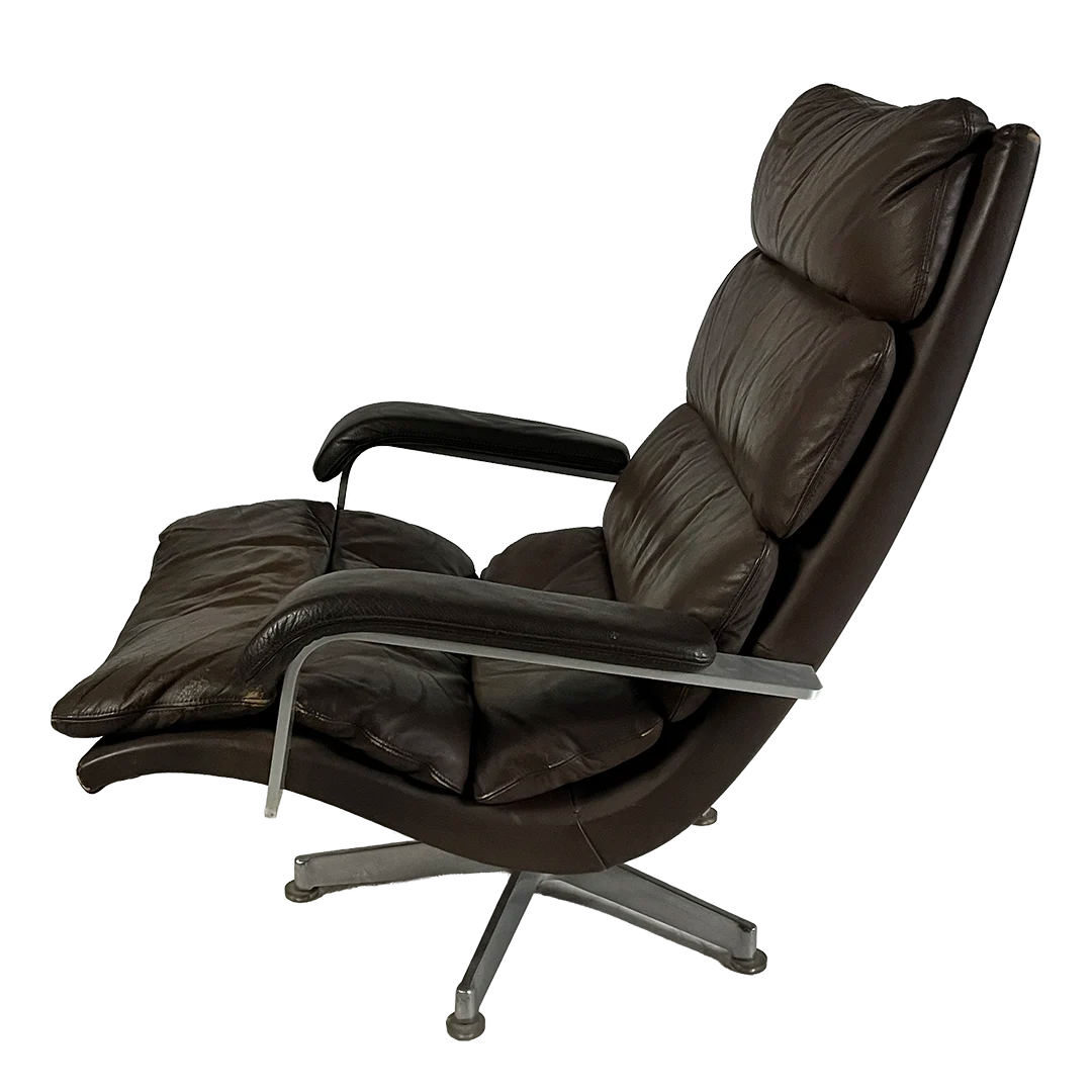 1970 Hans Kaufeld : ergonomic leather & aluminum swivel chair + ottoman