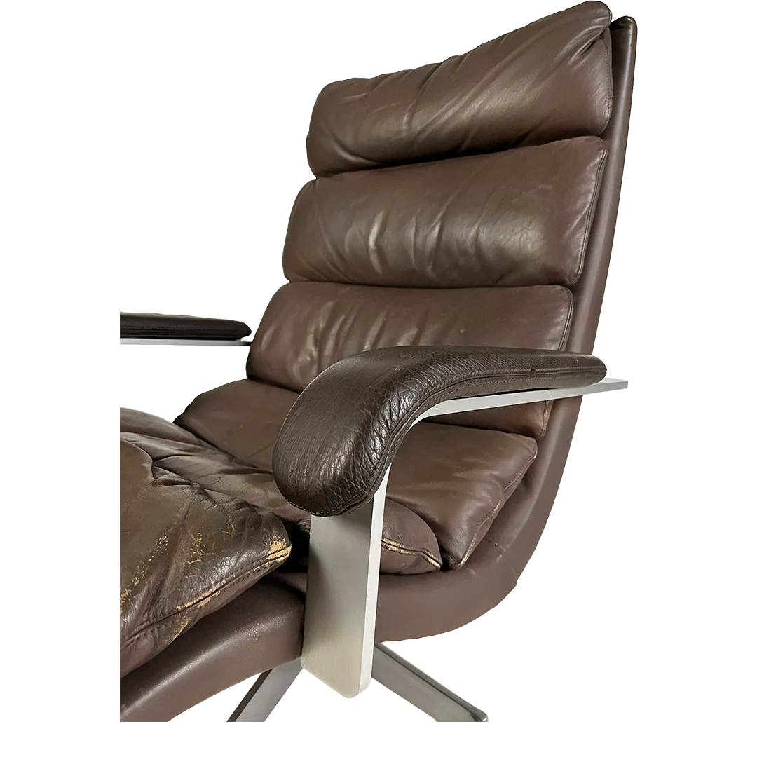 1970 Hans Kaufeld : ergonomic leather & aluminum swivel chair + ottoman