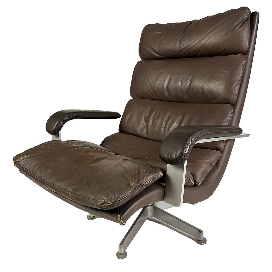 1970 Hans Kaufeld : ergonomic leather & aluminum swivel chair + ottoman
