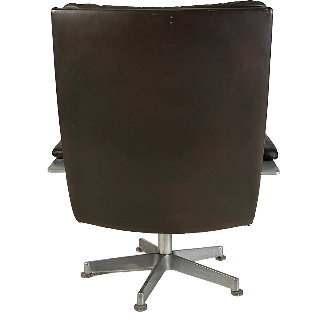 1970 Hans Kaufeld : ergonomic leather & aluminum swivel chair + ottoman