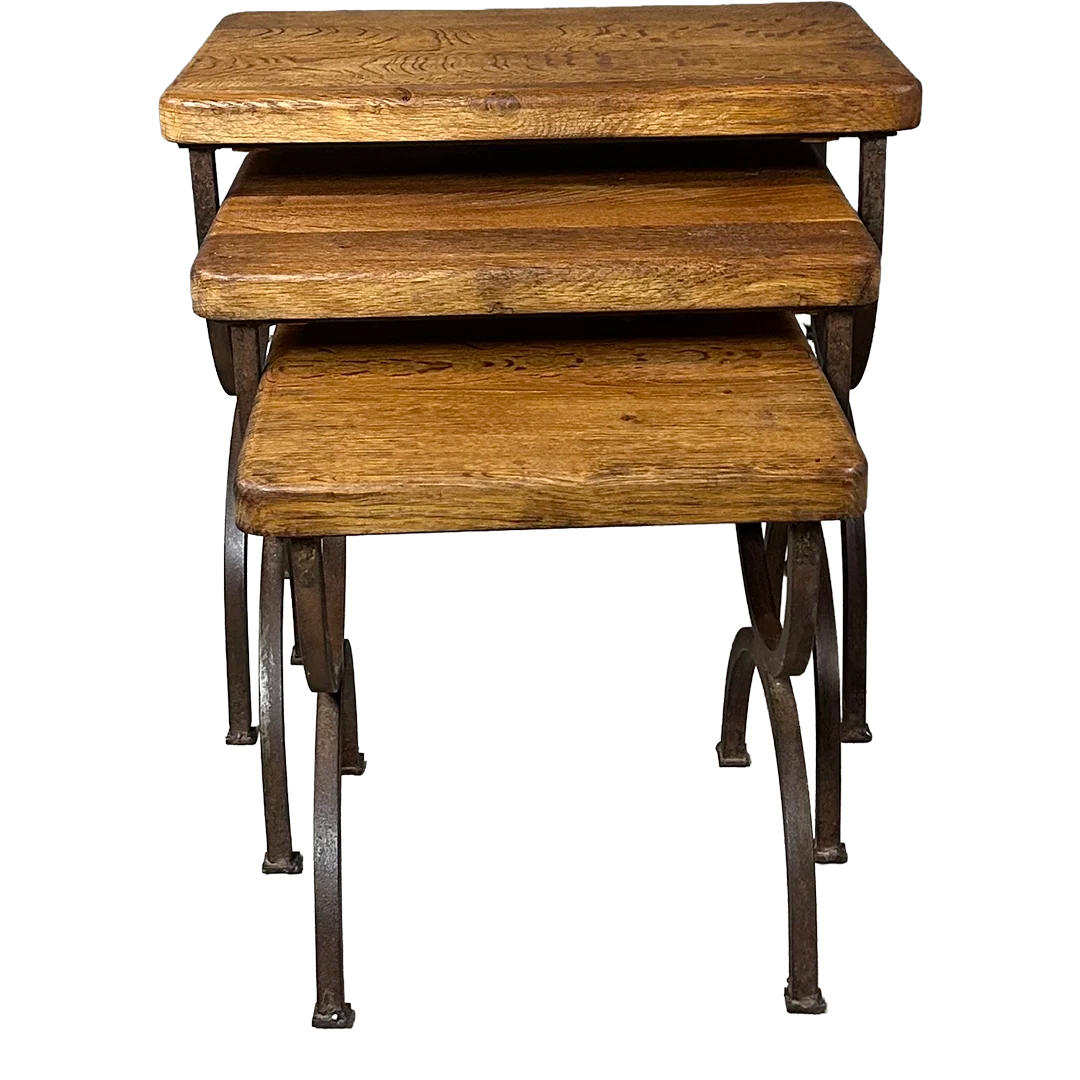 1950s French : set of three solid oak & curved iron nesting tables