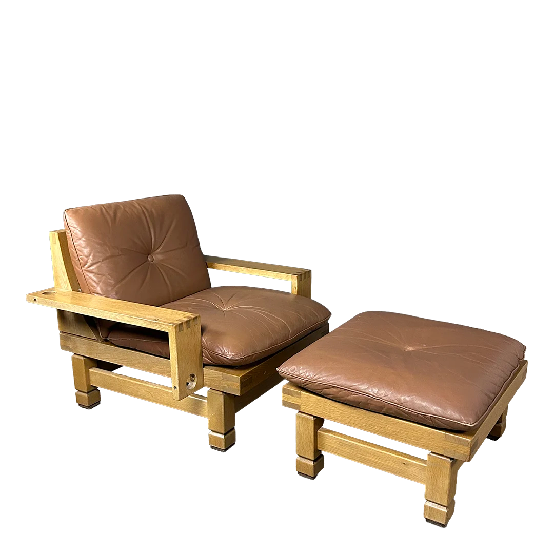 1970s Klaus Rausch : solid oakwood & leather brutalist lounge chair + ottoman