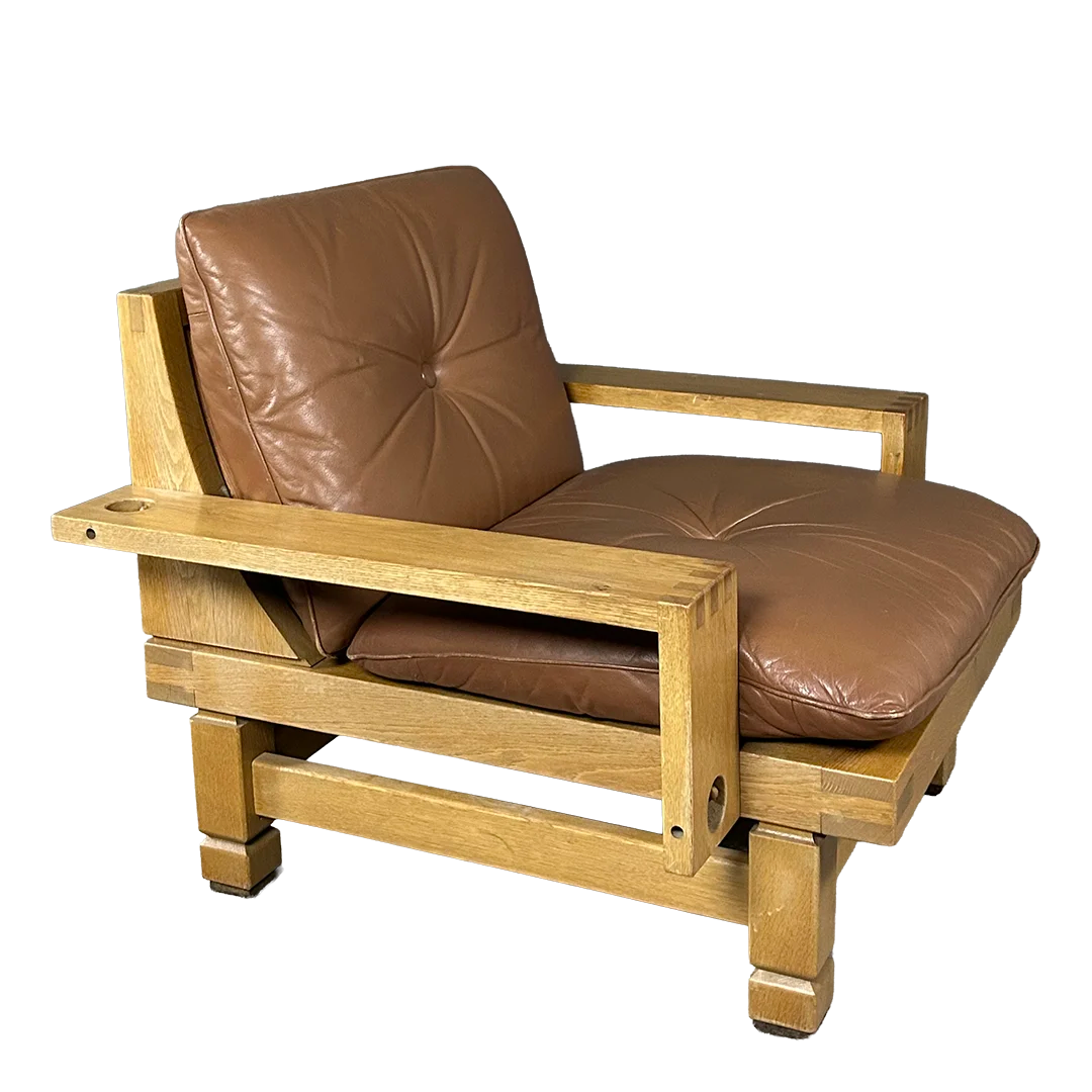 1970s Klaus Rausch : solid oakwood & leather brutalist lounge chair + ottoman