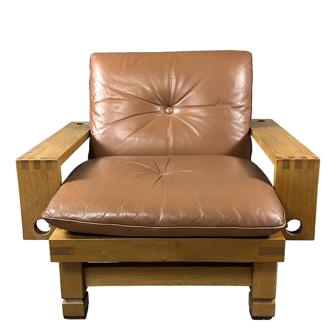 1970s Klaus Rausch : solid oakwood & leather brutalist lounge chair + ottoman