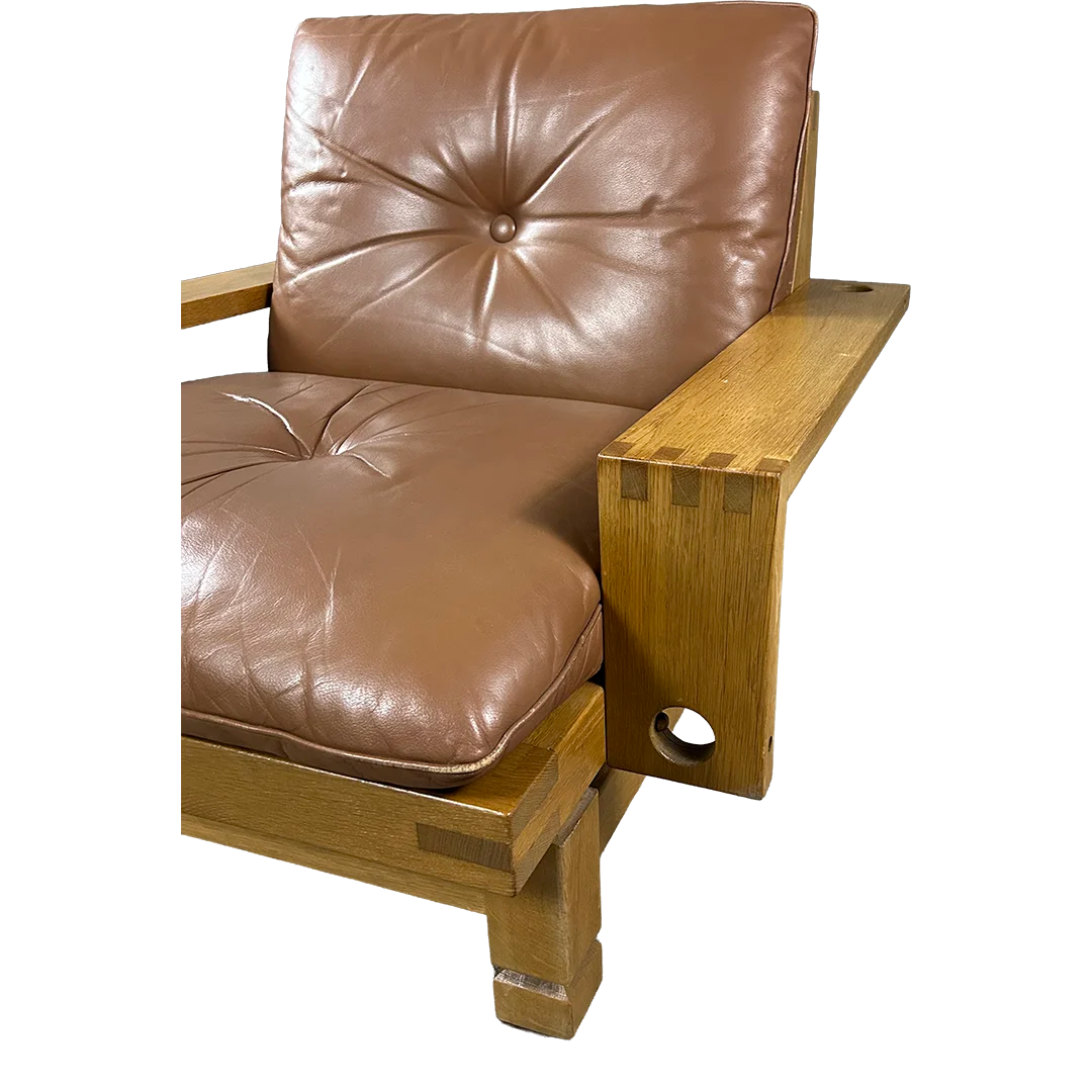 1970s Klaus Rausch : solid oakwood & leather brutalist lounge chair + ottoman