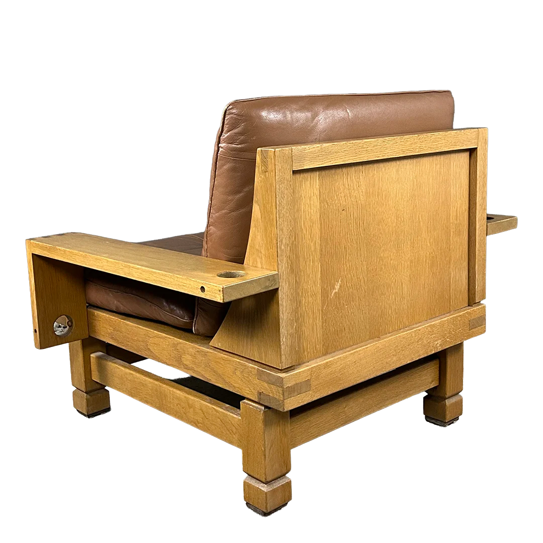 1970s Klaus Rausch : solid oakwood & leather brutalist lounge chair + ottoman
