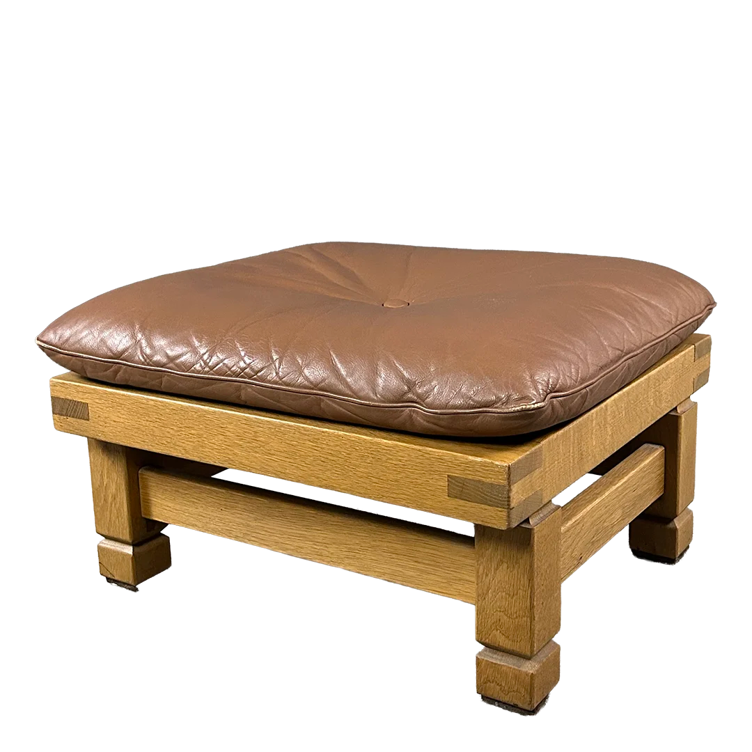 1970s Klaus Rausch : solid oakwood & leather brutalist lounge chair + ottoman