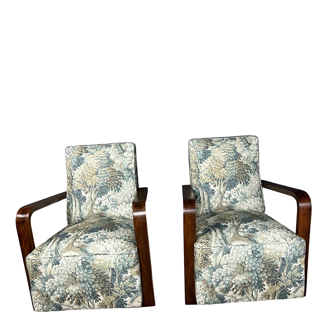 1930s French : later Art Deco armchair w/woodland graphic upholstery ...