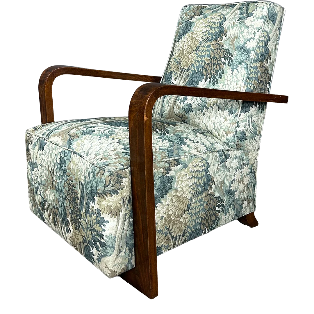 1930s French : later Art Deco armchair w/woodland graphic upholstery ...