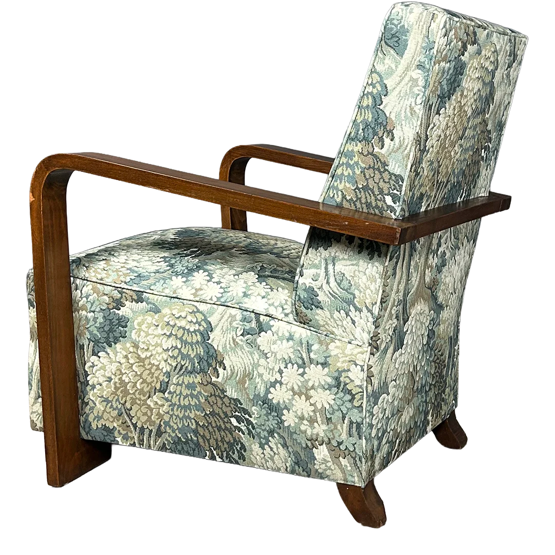 1930s French : later Art Deco armchair w/woodland graphic upholstery ...