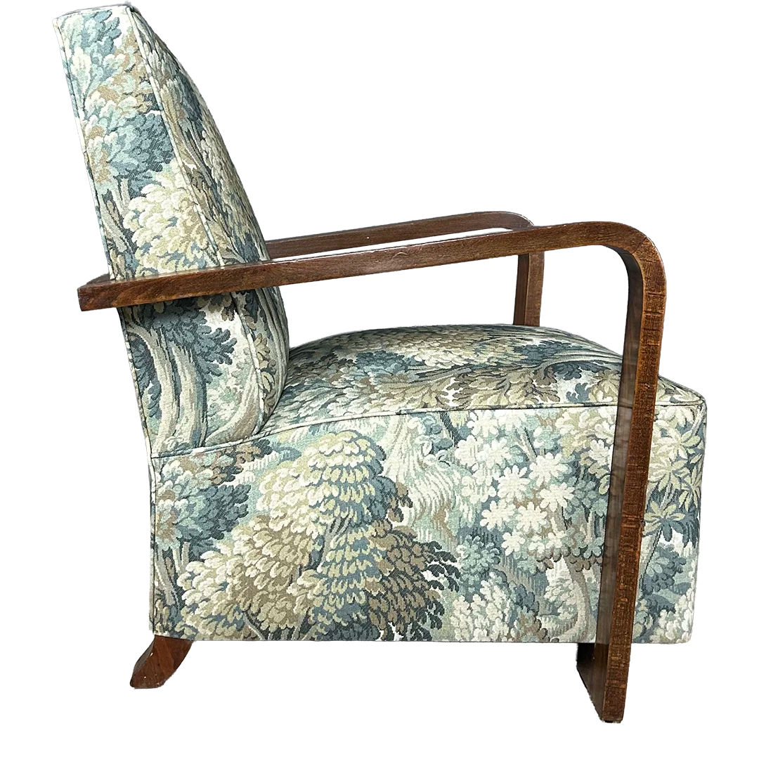 1930s French : later Art Deco armchair w/woodland graphic upholstery ...