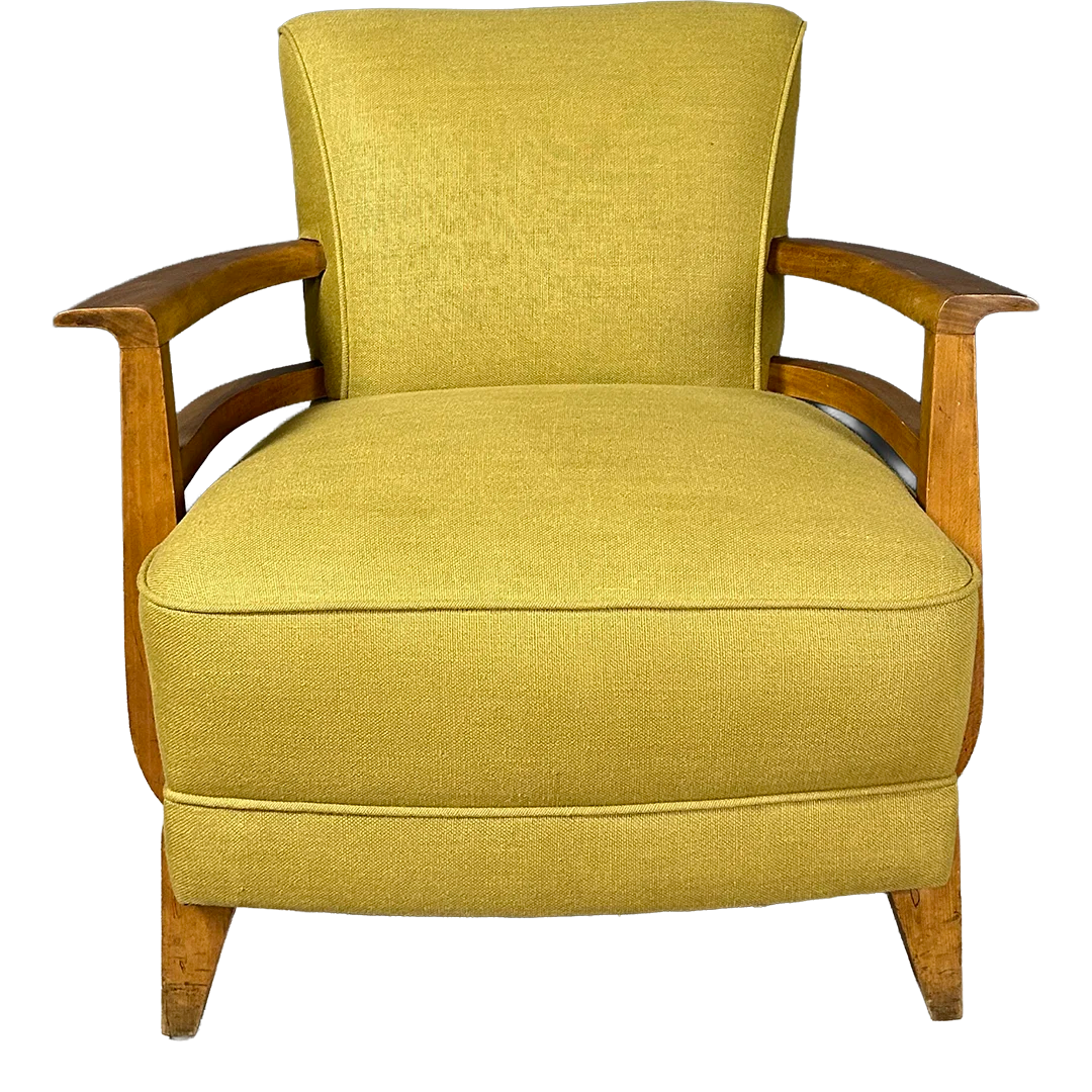 1940s French : compact post Deco beechwood armchair, new upholstery