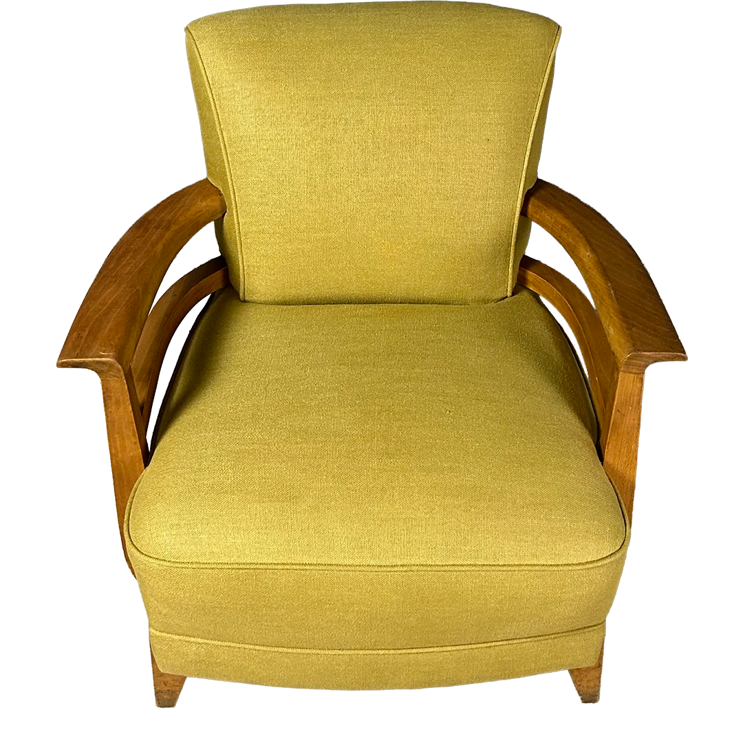 1940s French : compact post Deco beechwood armchair, new upholstery