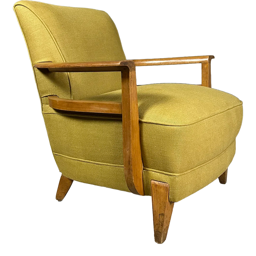 1940s French : compact post Deco beechwood armchair, new upholstery