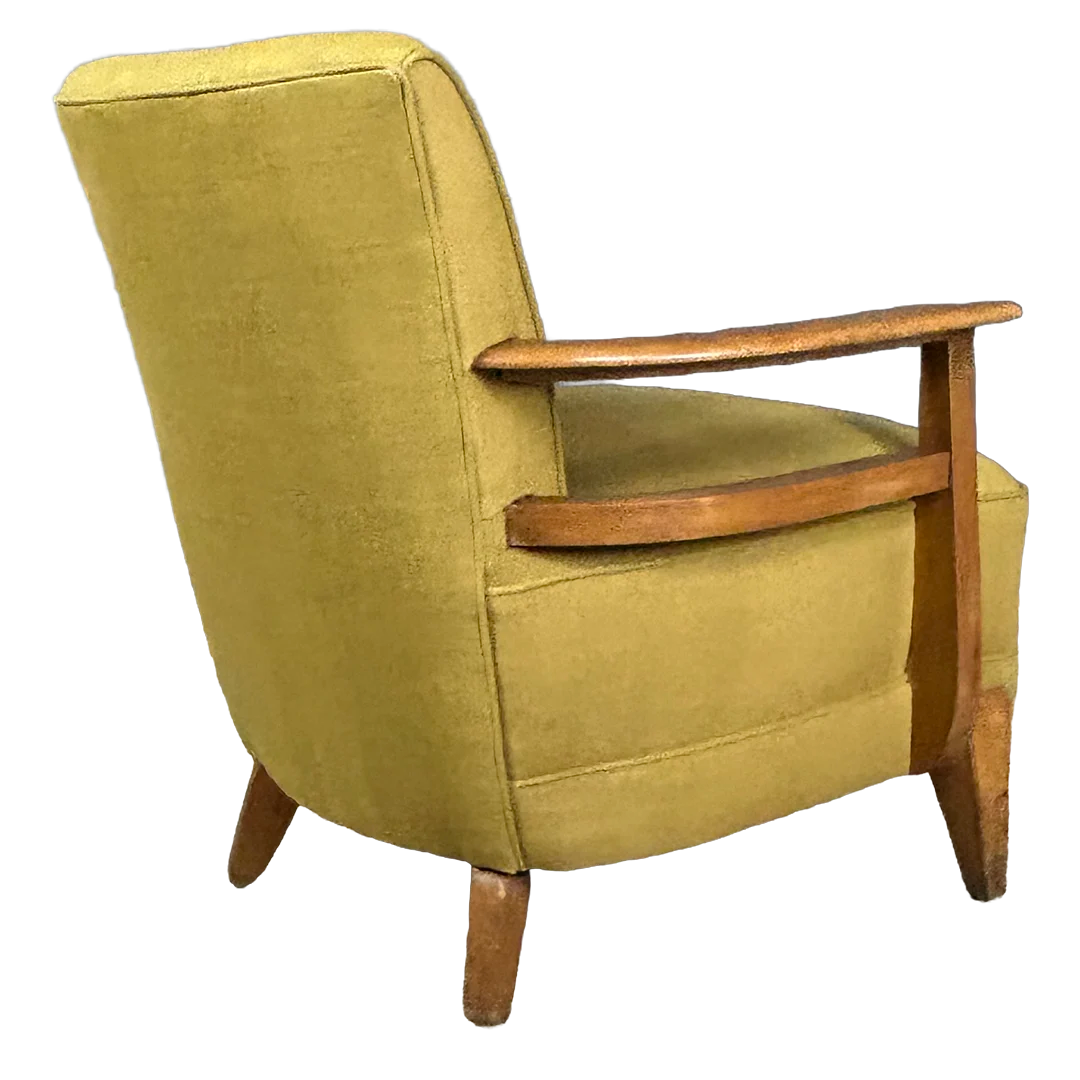 1940s French : compact post Deco beechwood armchair, new upholstery