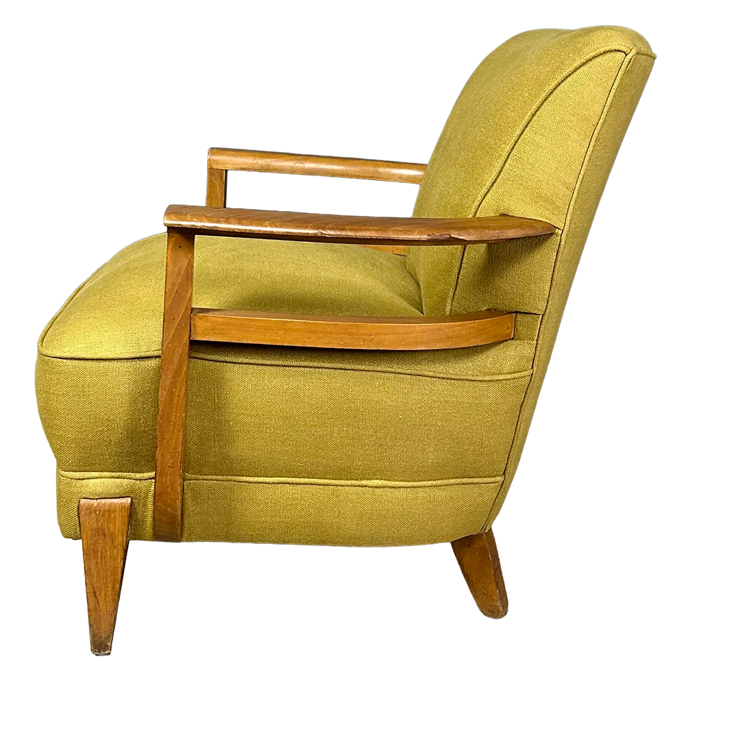 1940s French : compact post Deco beechwood armchair, new upholstery