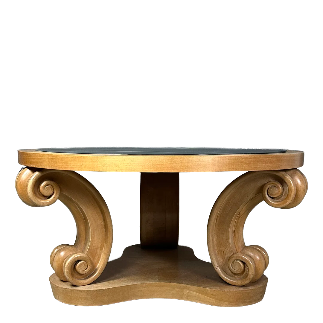 1940s French : solid sycamore coffee table w/scroll legs & mirror top