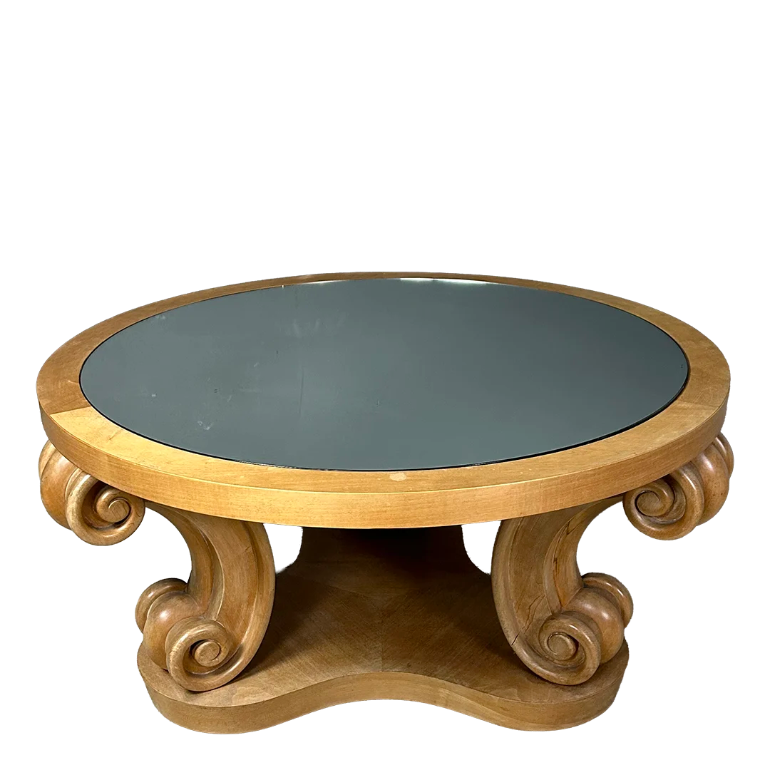 1940s French : solid sycamore coffee table w/scroll legs & mirror top