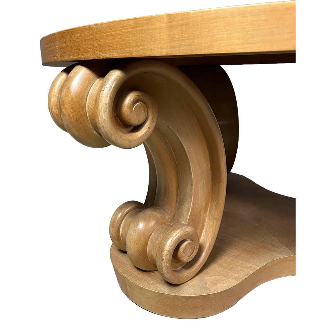 1940s French : solid sycamore coffee table w/scroll legs & mirror top