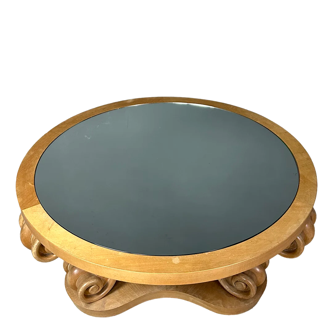 1940s French : solid sycamore coffee table w/scroll legs & mirror top
