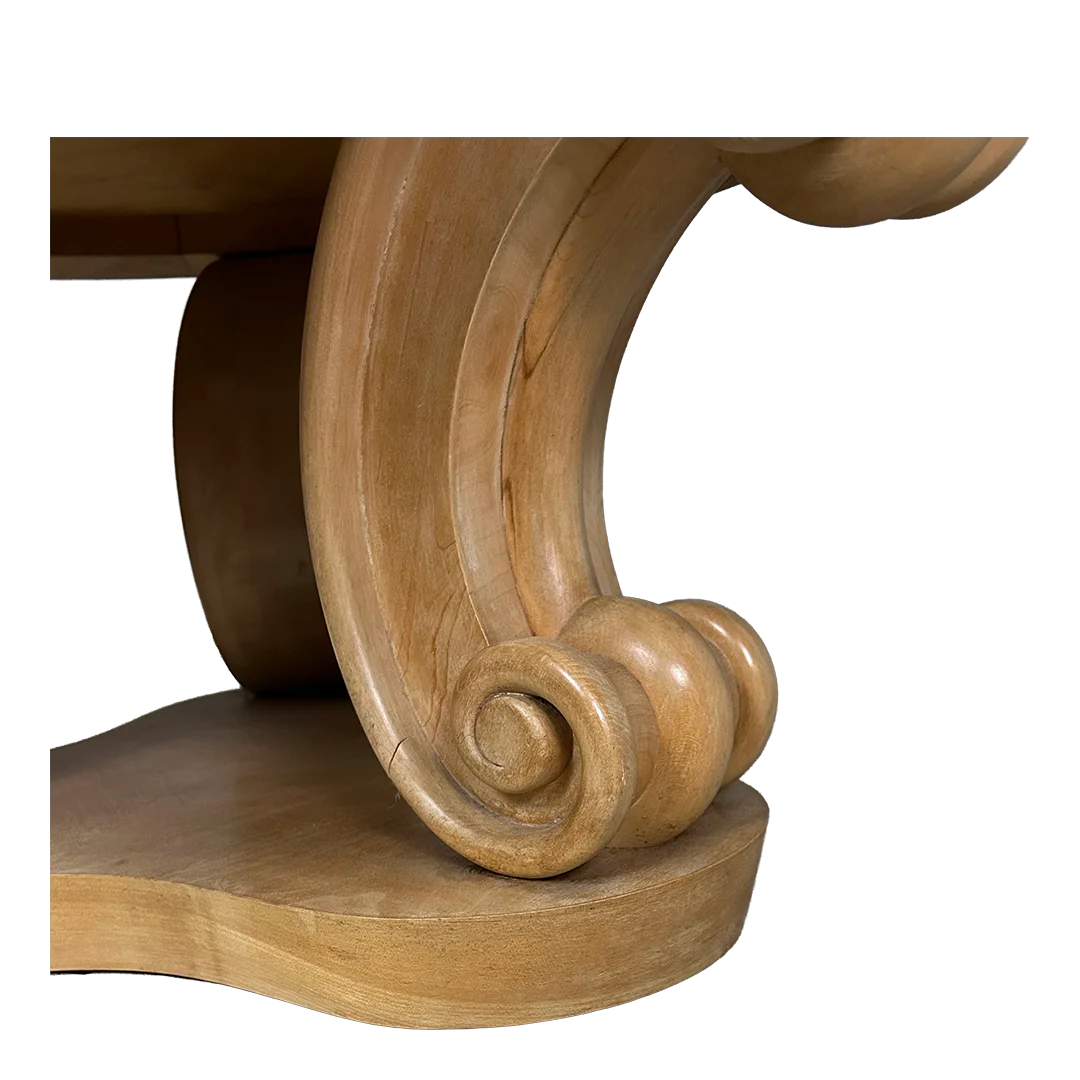1940s French : solid sycamore coffee table w/scroll legs & mirror top