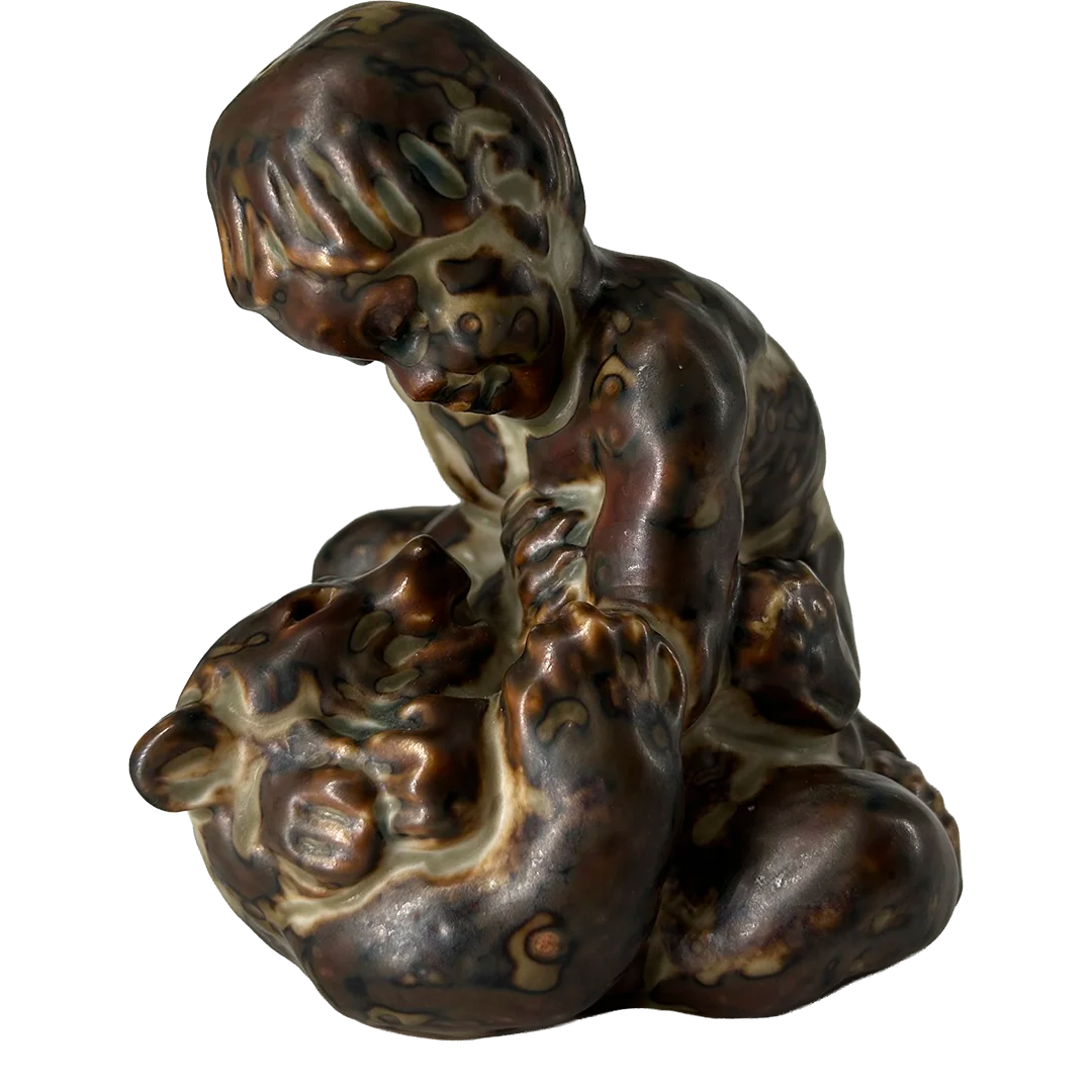 1958 Knud Kyhn : Boy with Bear, sung glazed ceramic, Denmark
