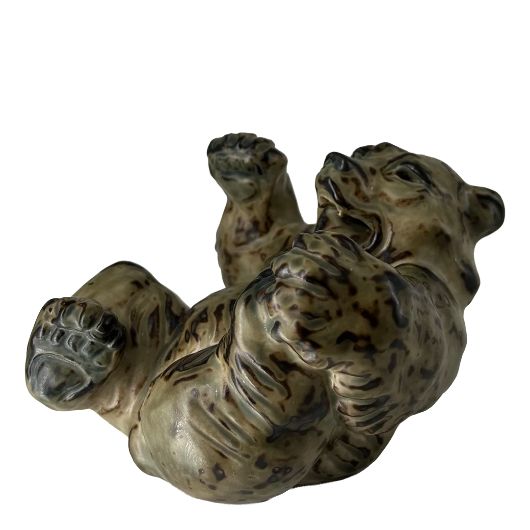 1955 Knud Kyhn : 6" Playful Bear, light sung glazed ceramic, Denmark