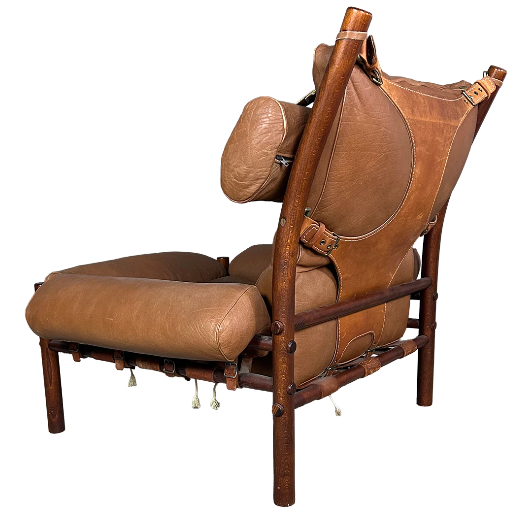 1970s Arne Norell : Pair "Inca" model leather lounge chairs + ottoman & table, Sweden