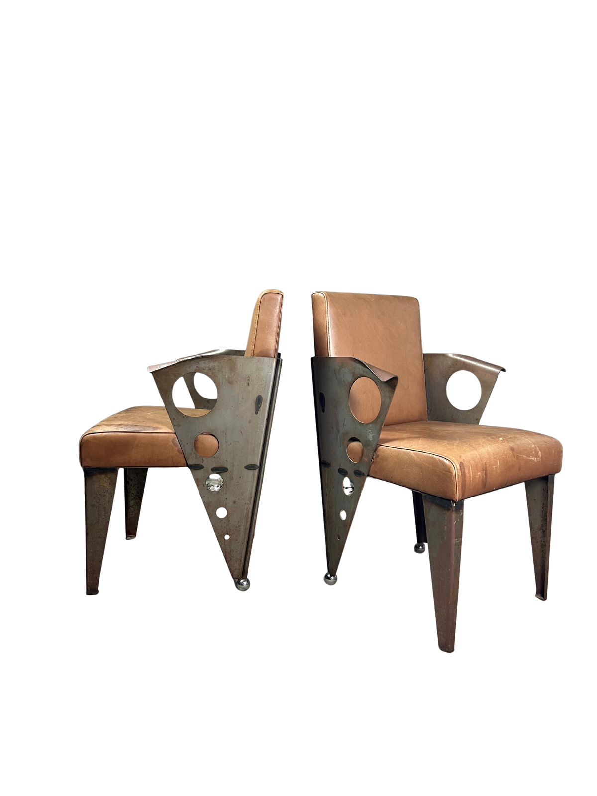 1980s Italian : set 4 post modern solid steel and leather armchairs