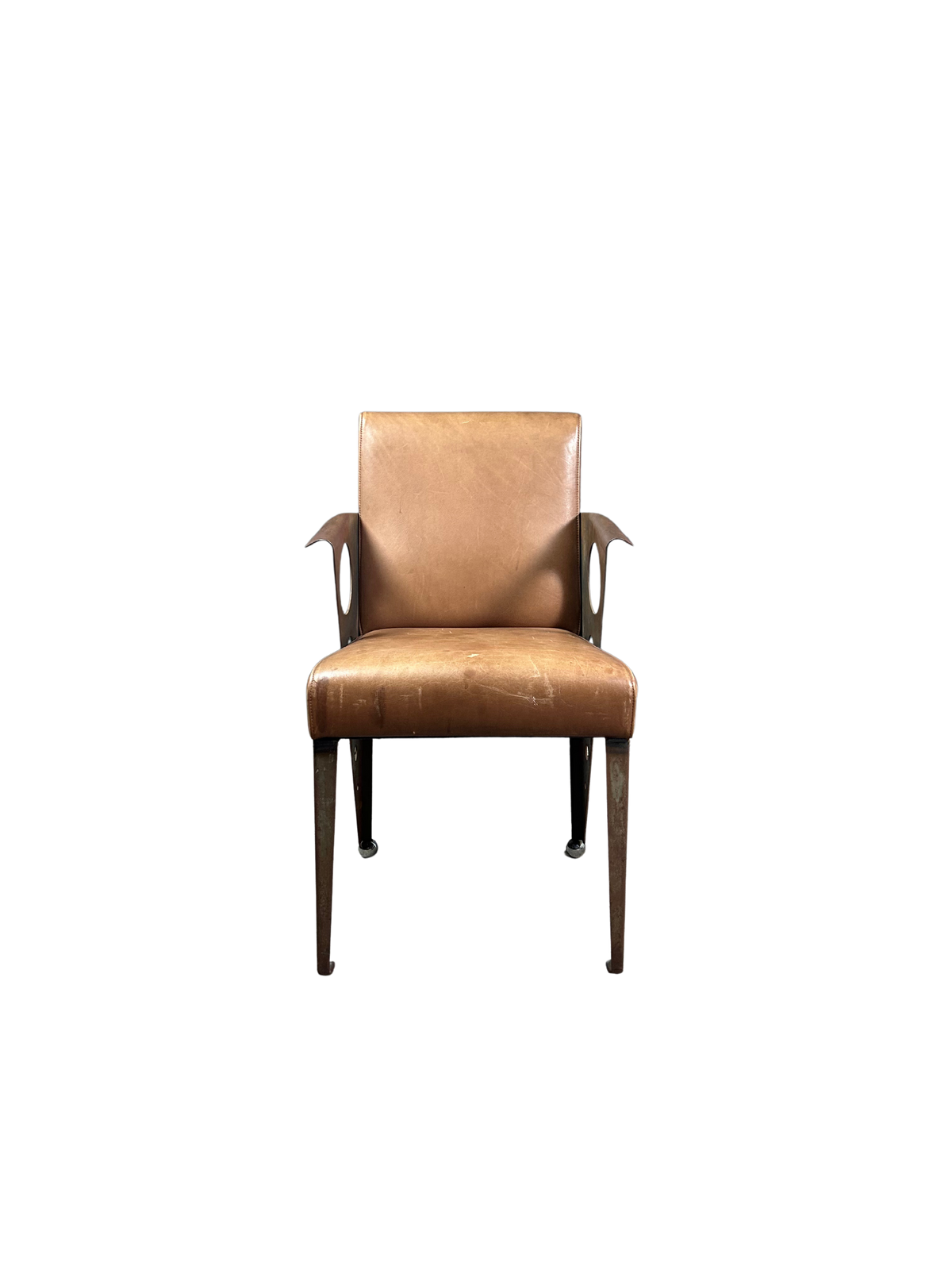 1980s Italian : set 4 post modern solid steel and leather armchairs