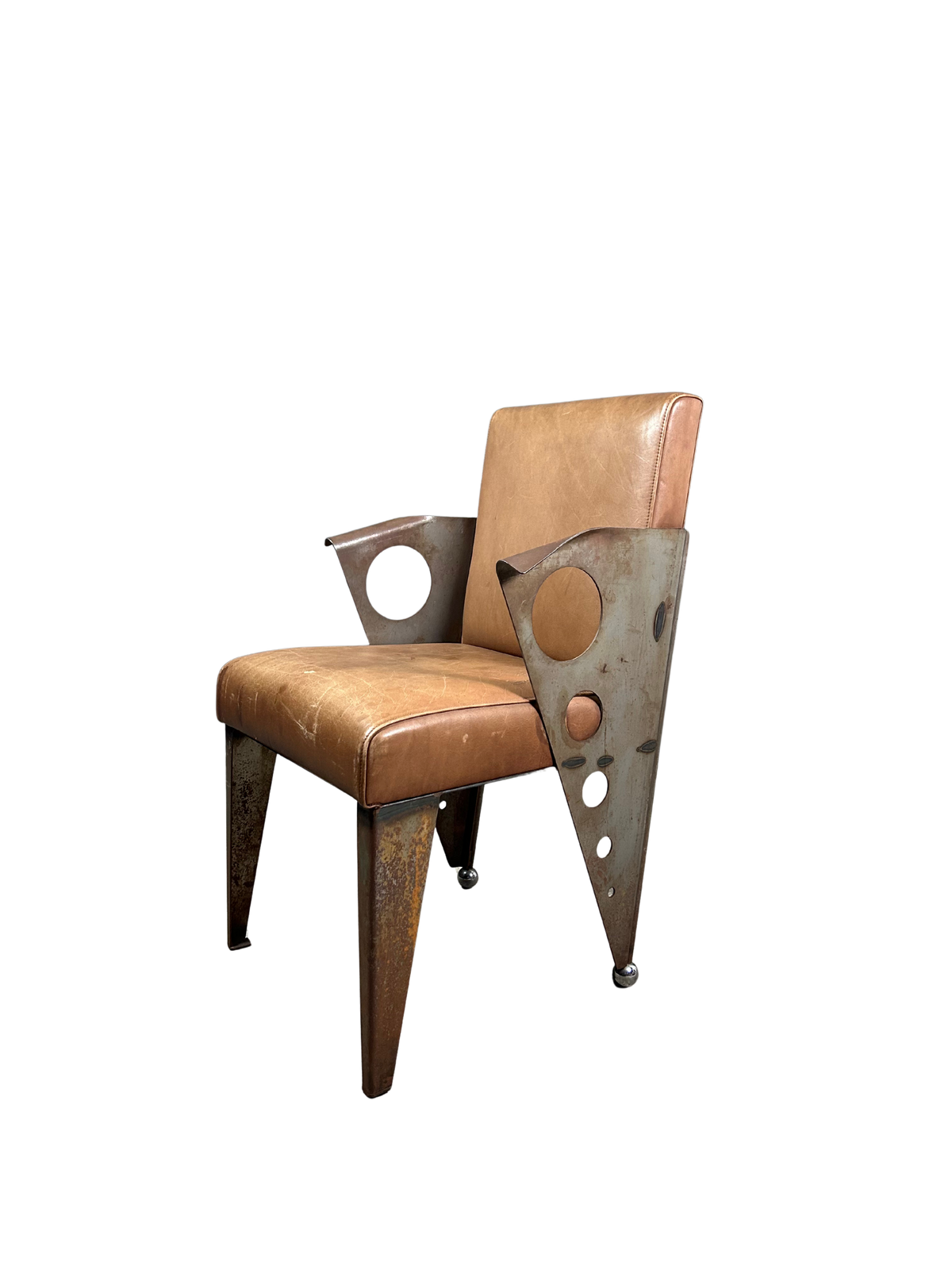 1980s Italian : set 4 post modern solid steel and leather armchairs