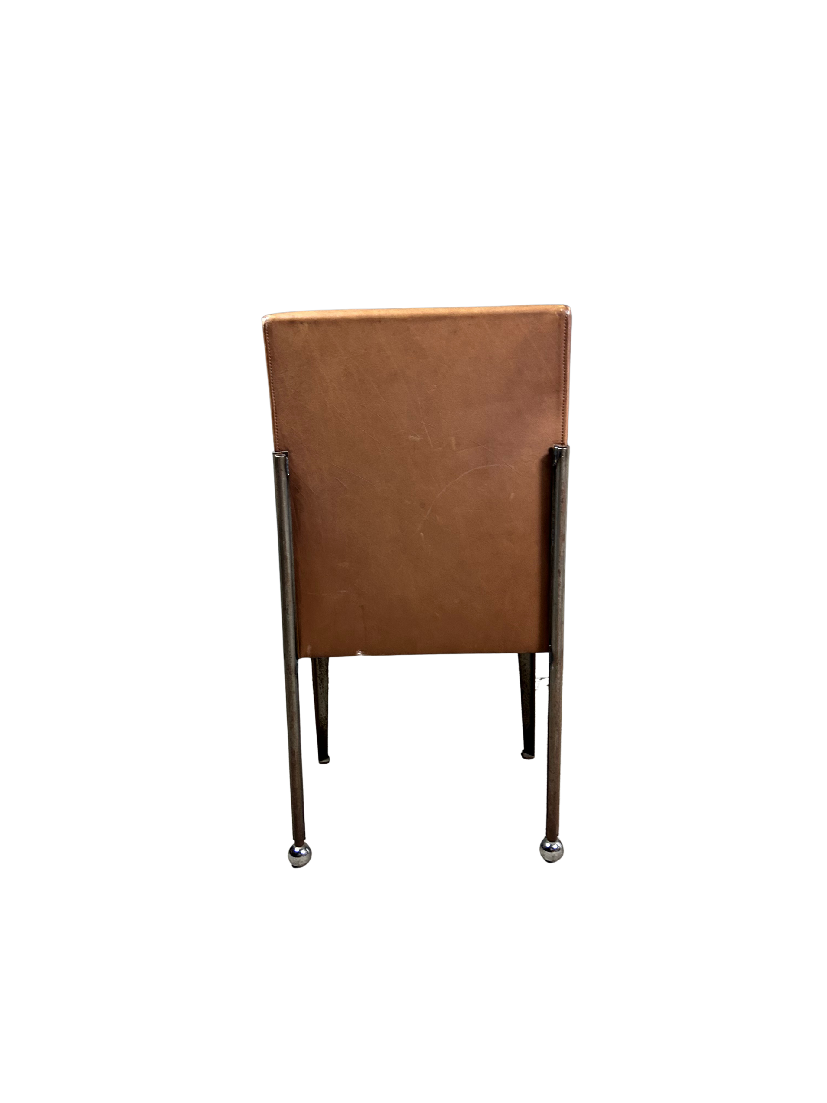 1980s Italian : set 4 post modern solid steel and leather armchairs