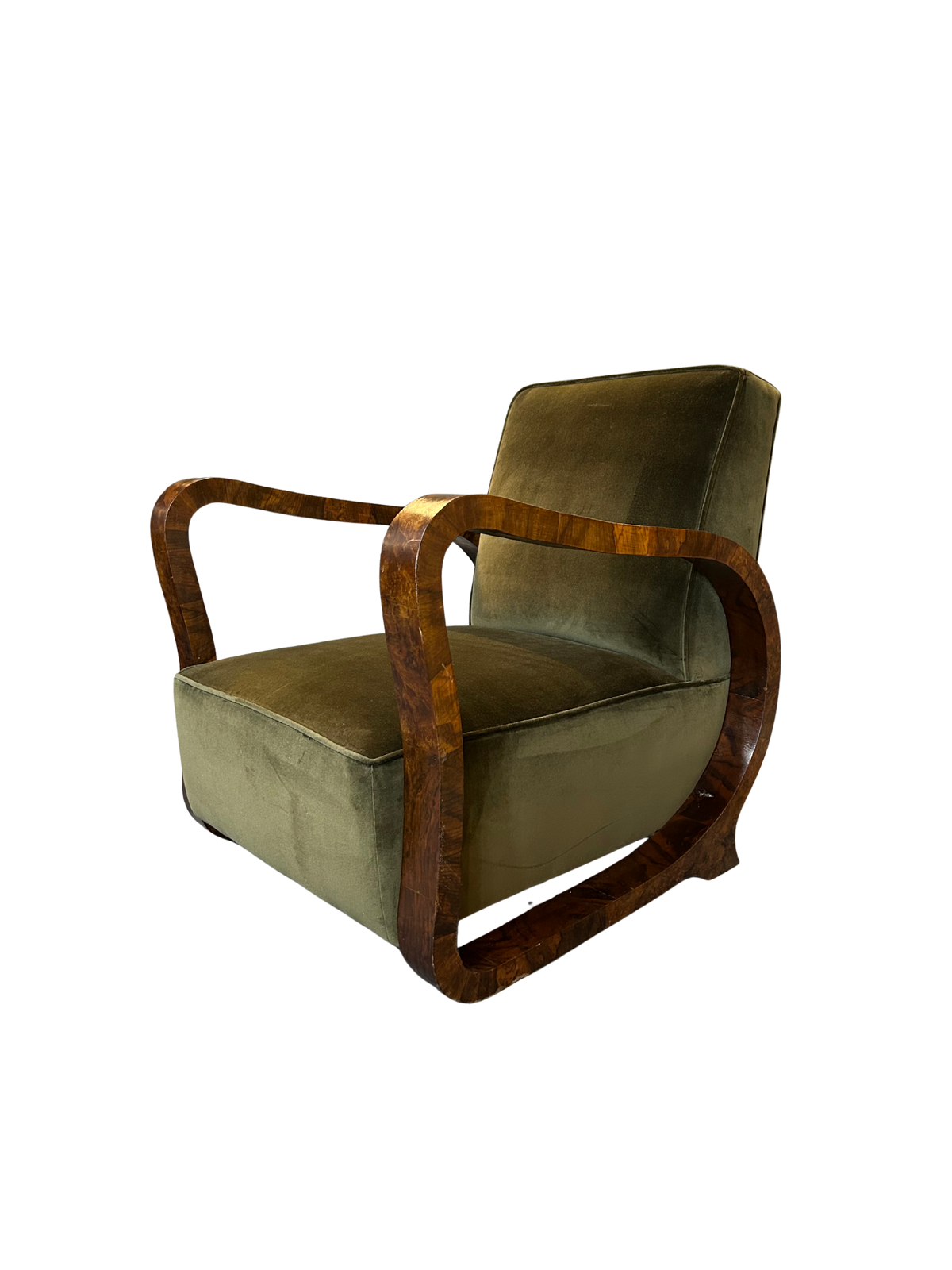 Pair 1930 Czech : burl walnut continuous arm club chairs, Prague