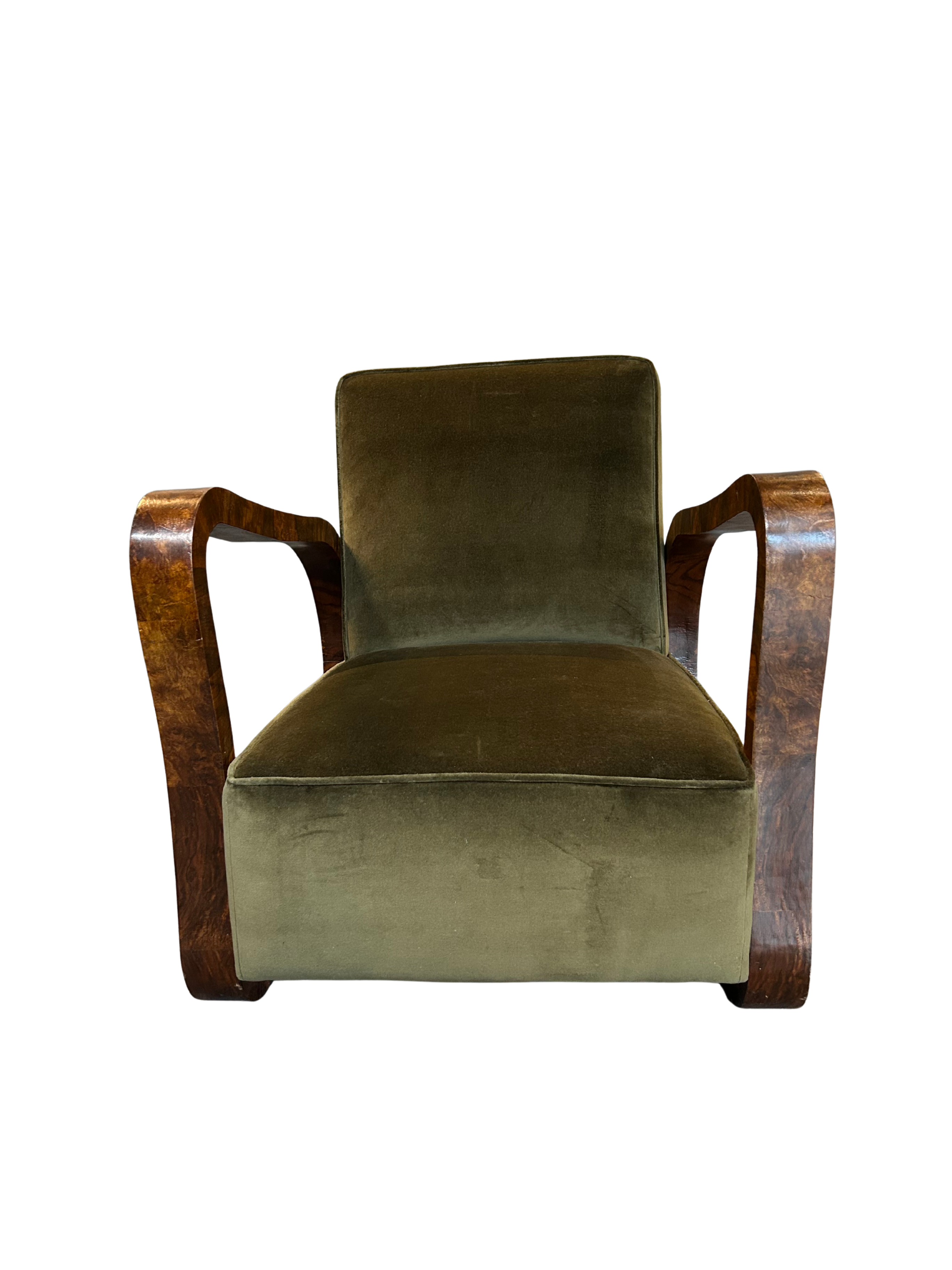 Pair 1930 Czech : burl walnut continuous arm club chairs, Prague