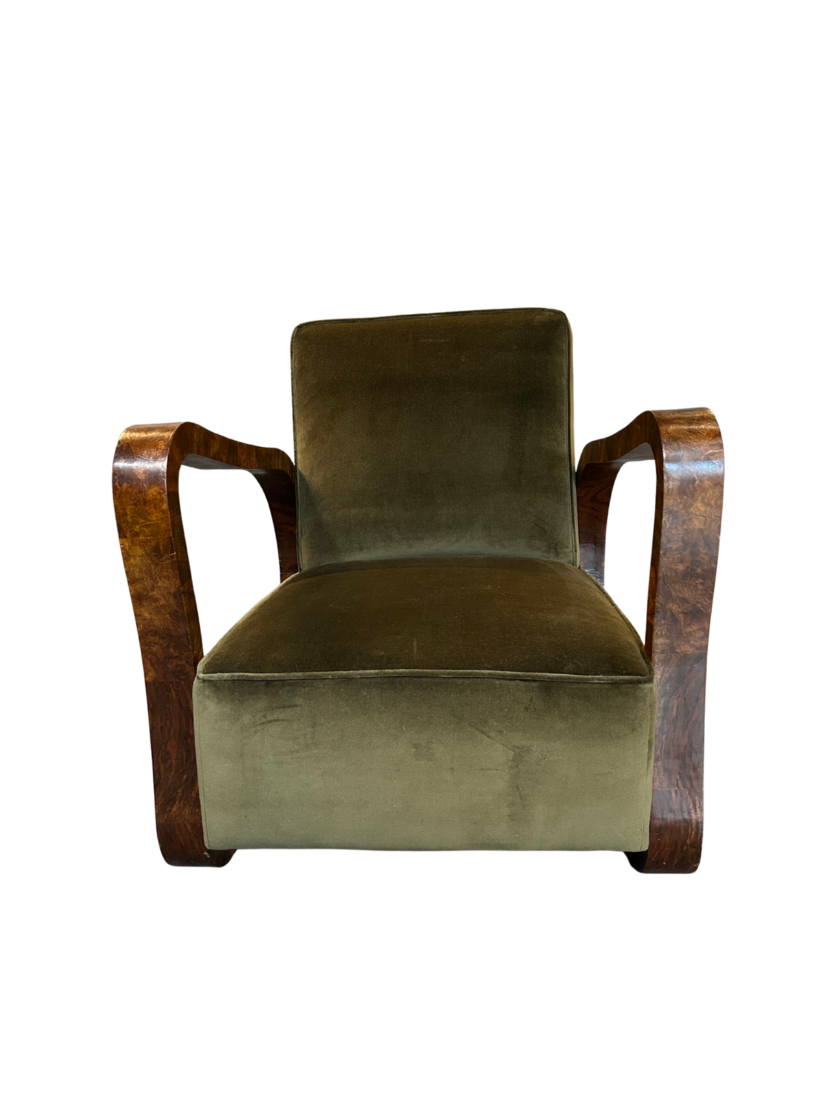 Pair 1930 Czech : burl walnut continuous arm club chairs, Prague