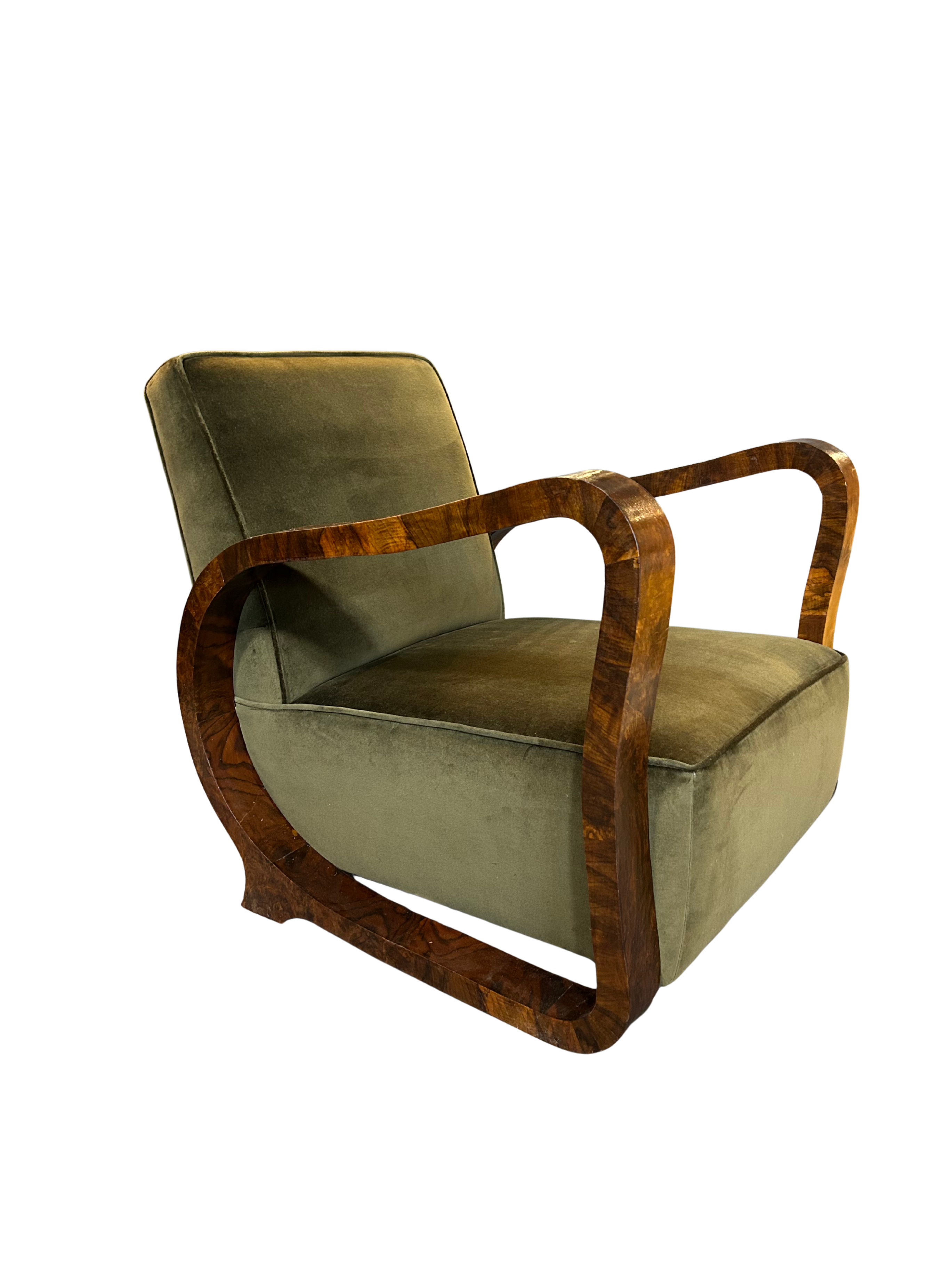 Pair 1930 Czech : burl walnut continuous arm club chairs, Prague