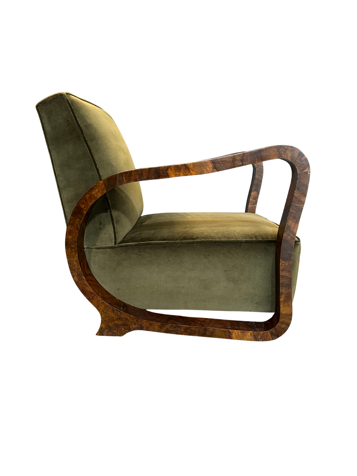 Pair 1930 Czech : burl walnut continuous arm club chairs, Prague