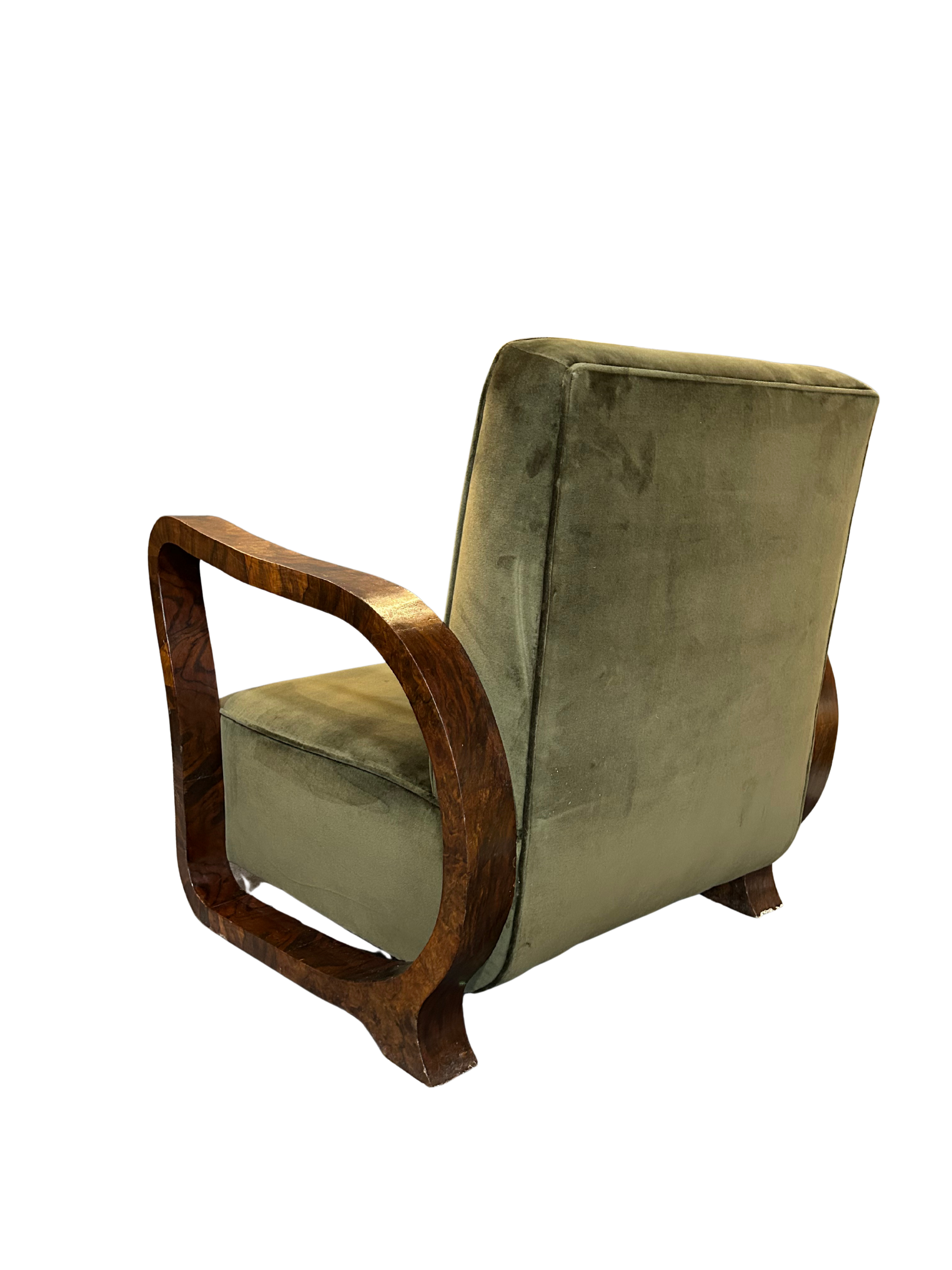 Pair 1930 Czech : burl walnut continuous arm club chairs, Prague