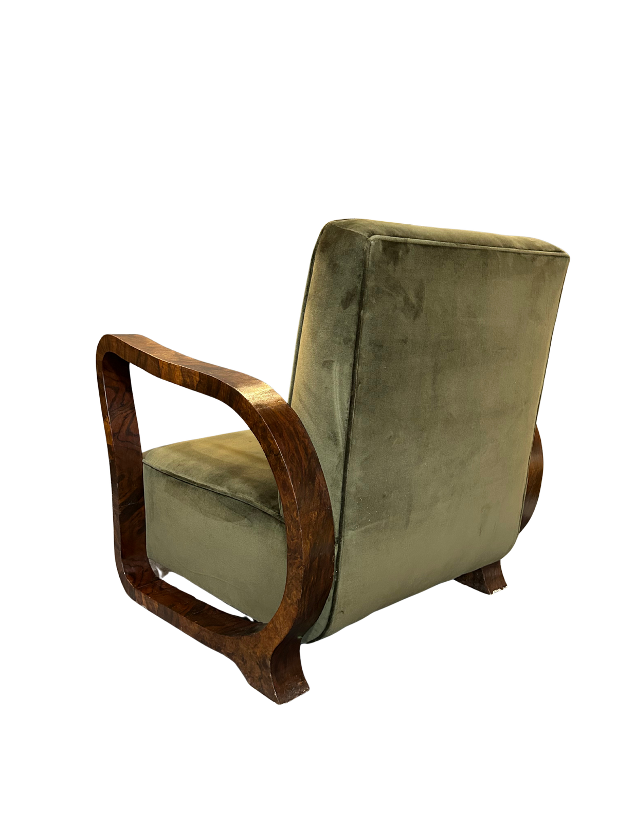 Pair 1930 Czech : burl walnut continuous arm club chairs, Prague