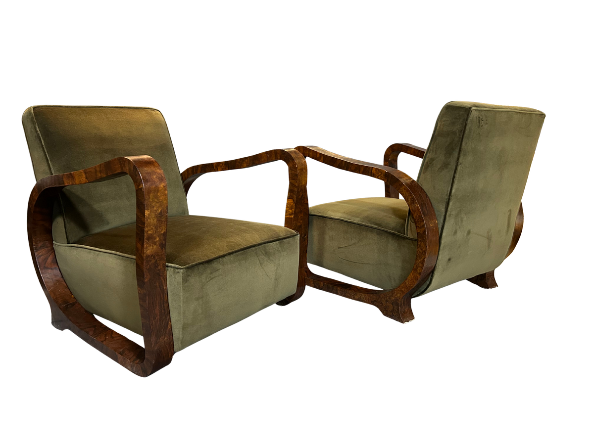 Pair 1930 Czech : burl walnut continuous arm club chairs, Prague