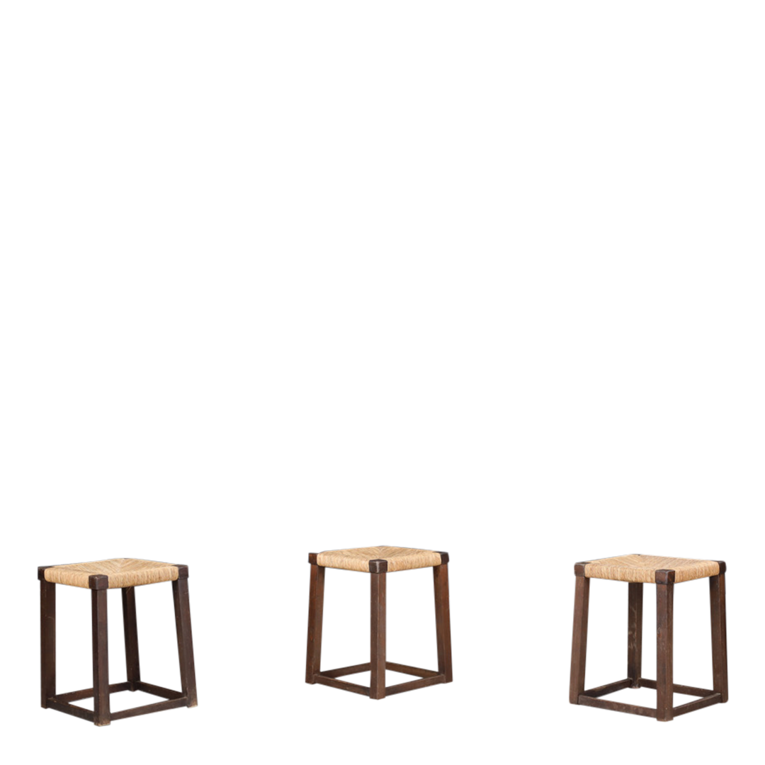 1950s French : square-form provincial oakwood stool w/rush seating
