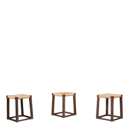 1950s French : square-form provincial oakwood stool w/rush seating
